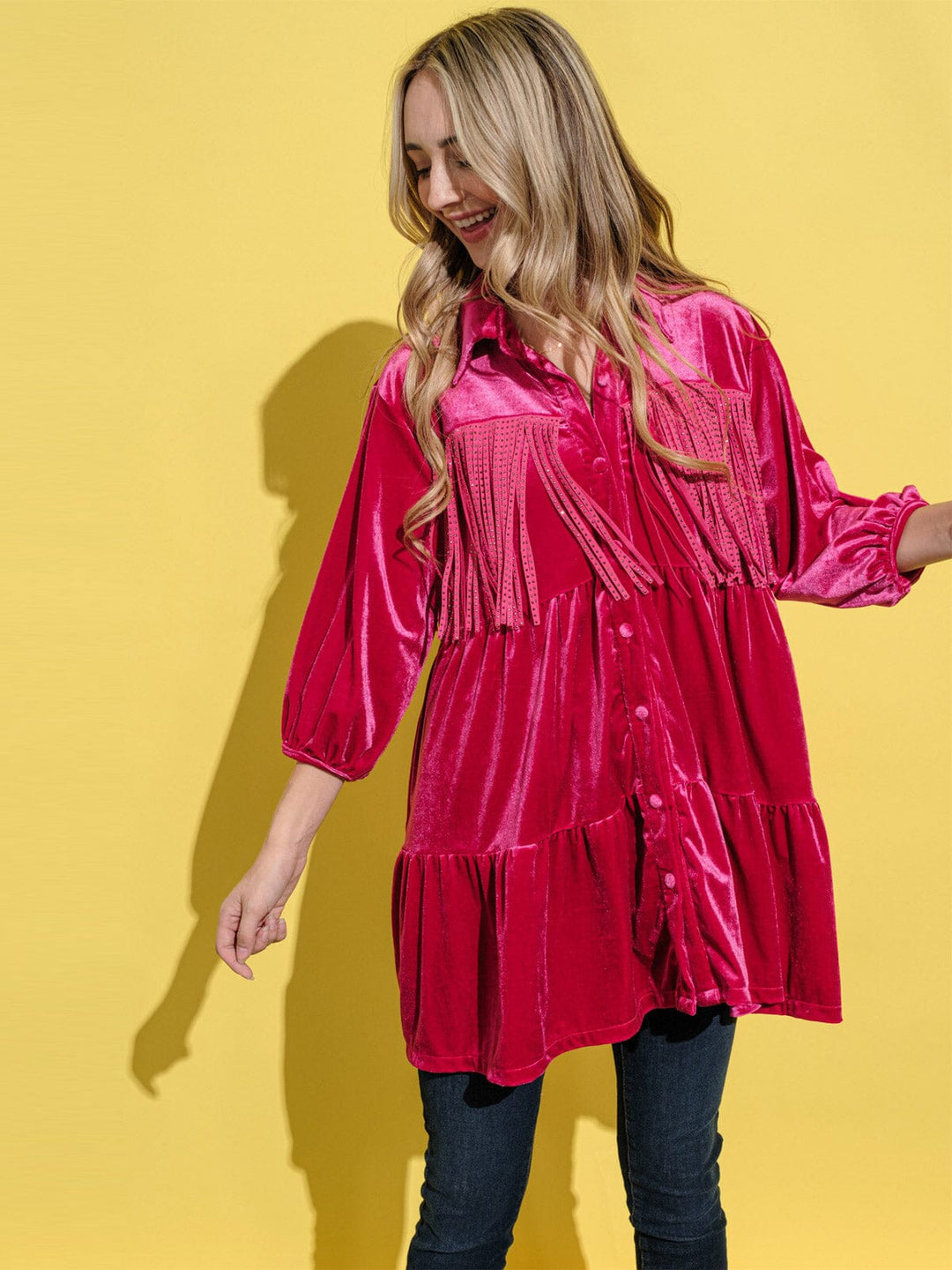 WOMEN'S 3/4 SLEEVE BUTTON UP FRINGE TIERED VELVET TUNIC TOP