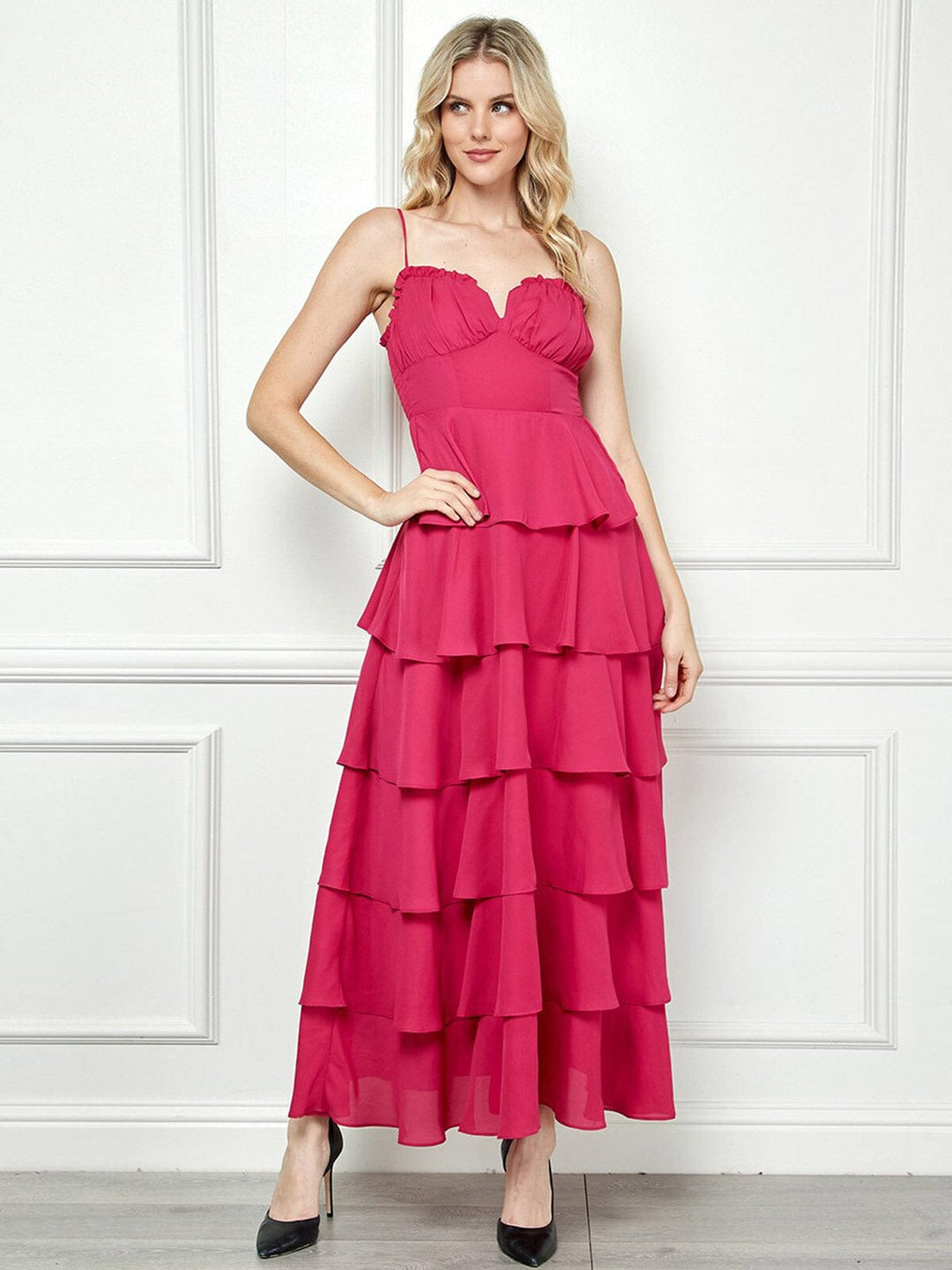 WOMEN'S SLEEVELESS V-NECK RUFFLE TIERED MAXI DRESS
