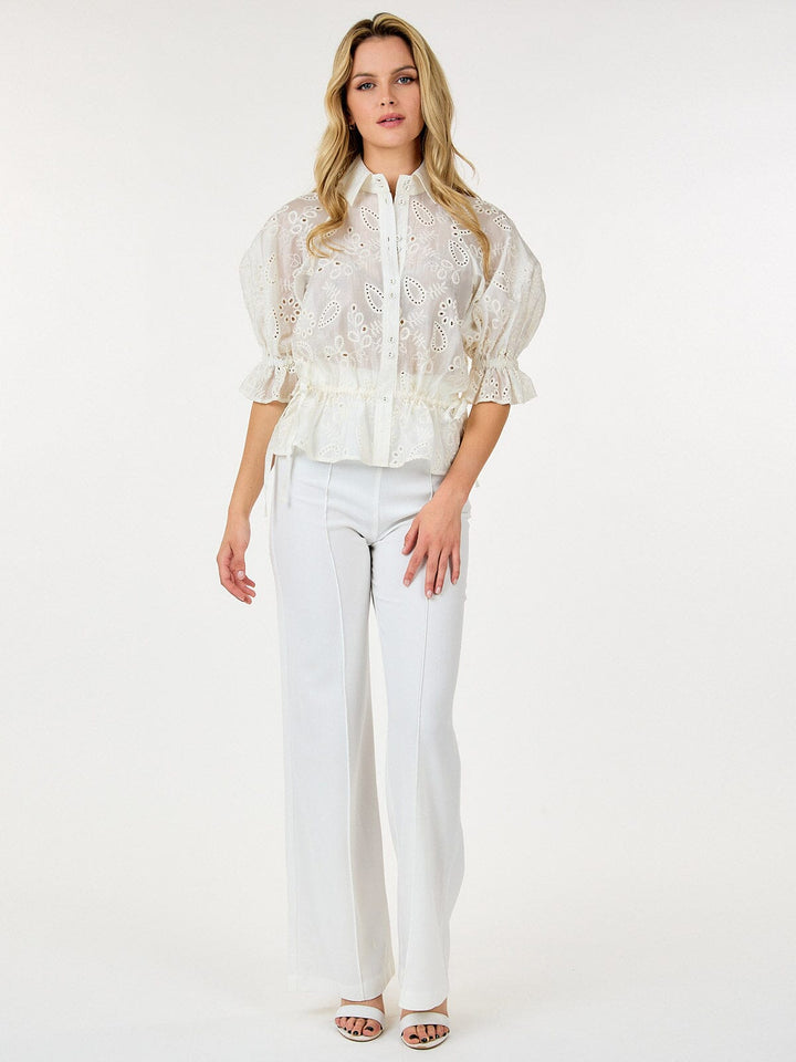 WOMEN'S SHORT PUFF SLEEVE BUTTON UP EYELET PEPLUM BLOUSE