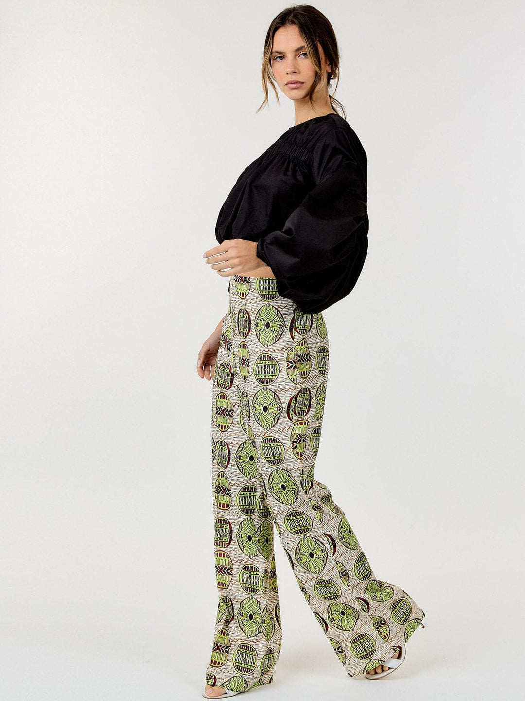 WOMEN'S ZIP UP MULTI PRINT WIDE LEG PANTS