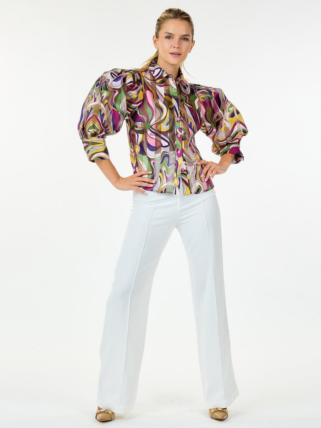 WOMEN'S 3/4 PUFF SLEEVE BUTTON CLOSURE MULTI PRINT BLOUSE