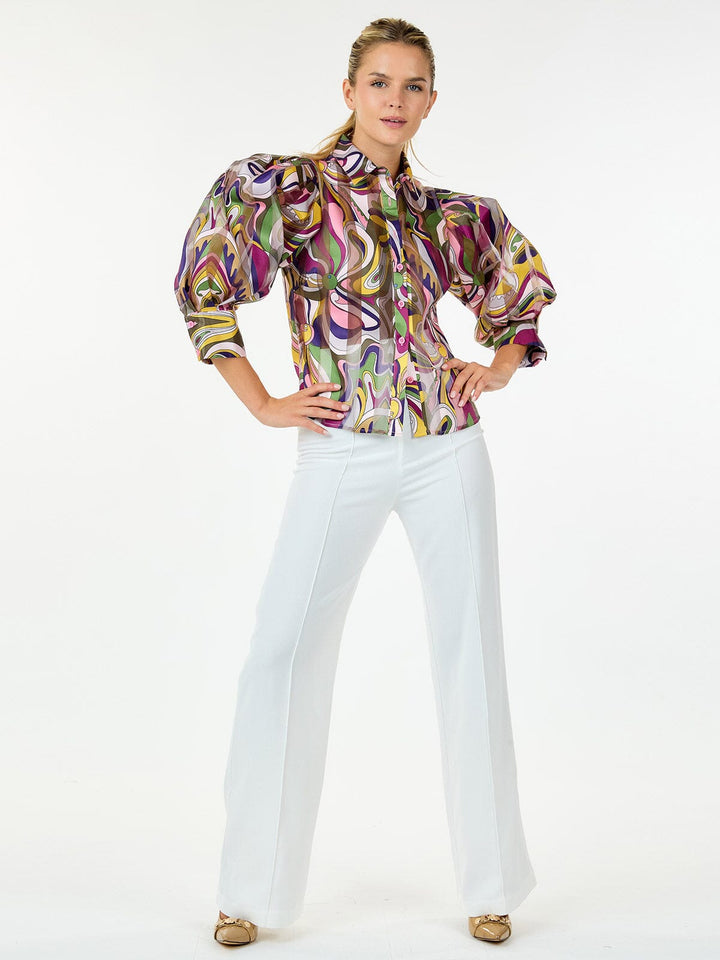 WOMEN'S 3/4 PUFF SLEEVE BUTTON CLOSURE MULTI PRINT BLOUSE
