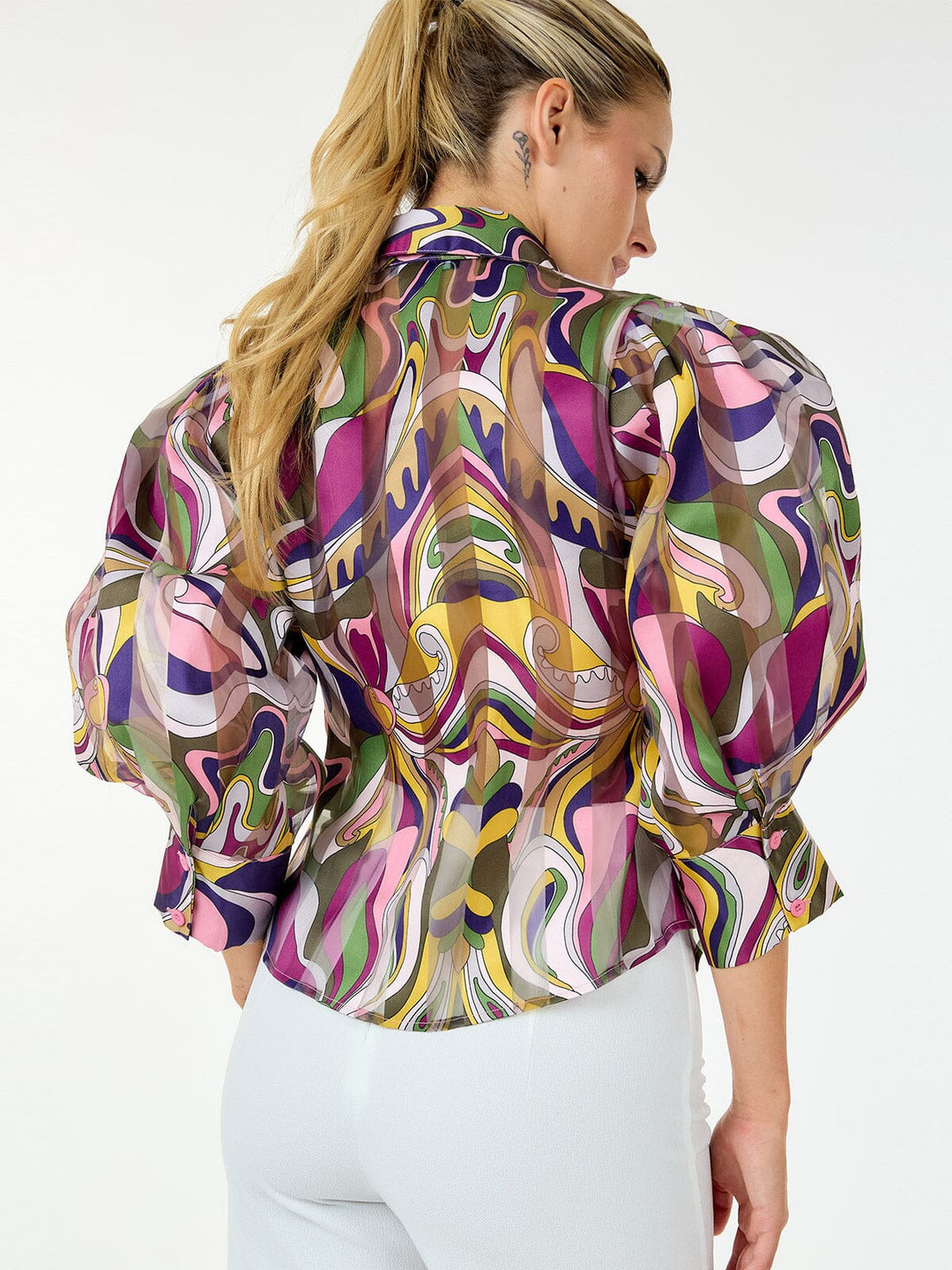 WOMEN'S 3/4 PUFF SLEEVE BUTTON CLOSURE MULTI PRINT BLOUSE