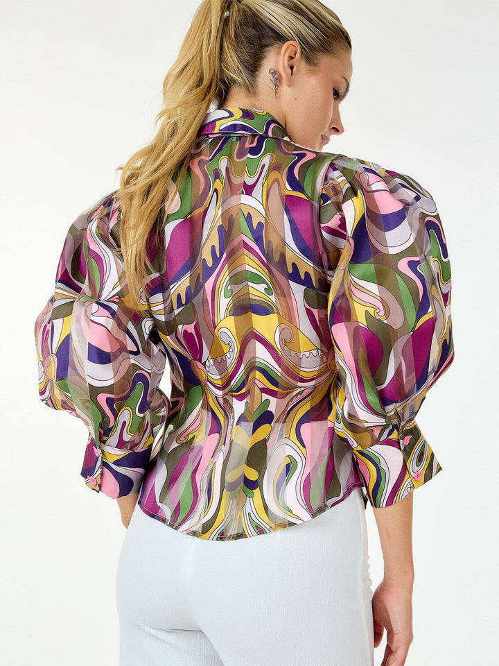 WOMEN'S 3/4 PUFF SLEEVE BUTTON CLOSURE MULTI PRINT BLOUSE