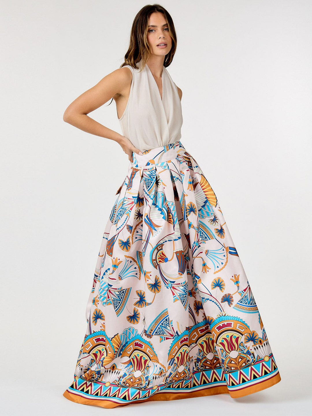 WOMEN'S ELASTIC WAIST SELF TIE MULTI PRINT MAXI SKIRT