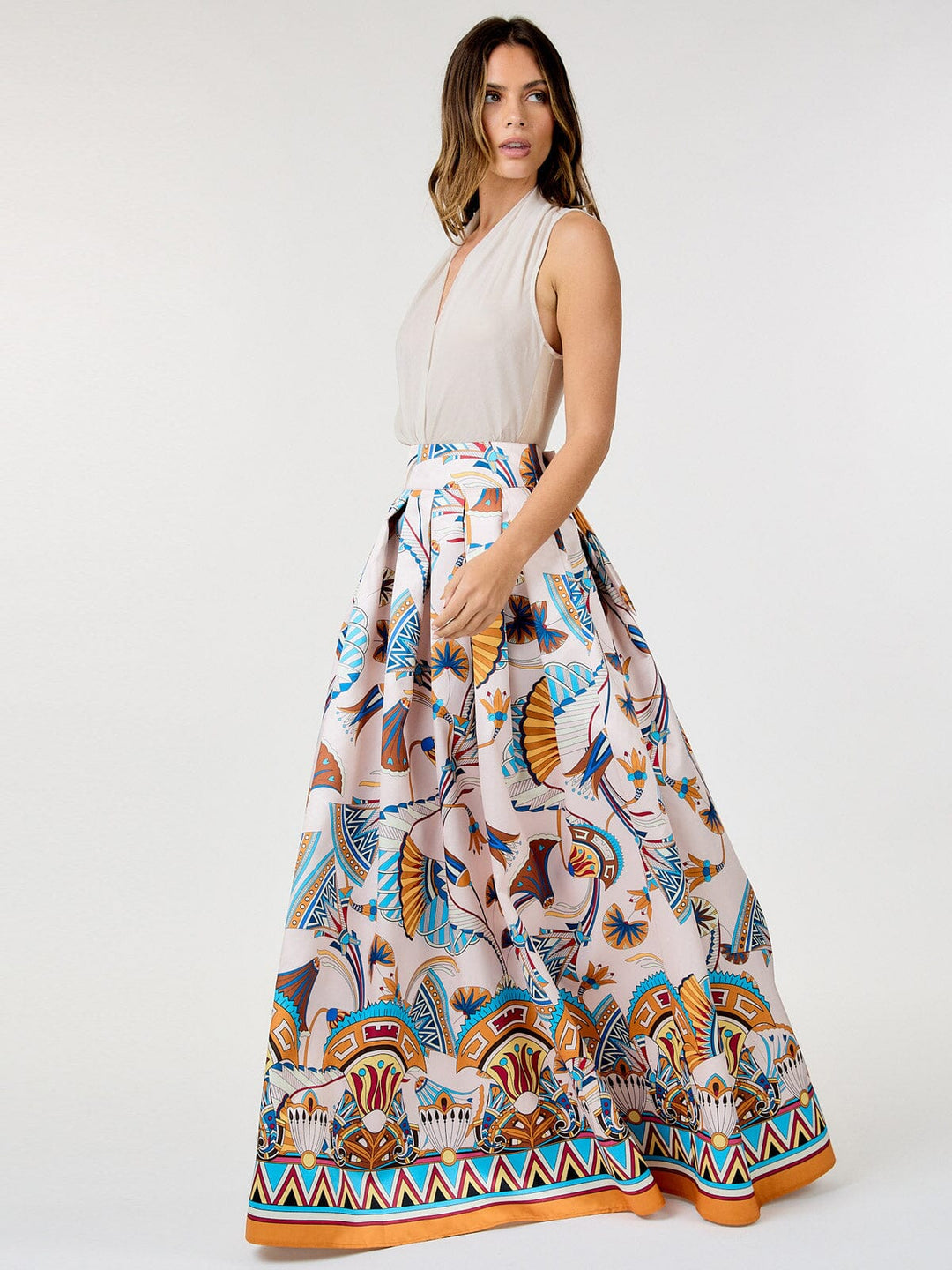 WOMEN'S ELASTIC WAIST SELF TIE MULTI PRINT MAXI SKIRT
