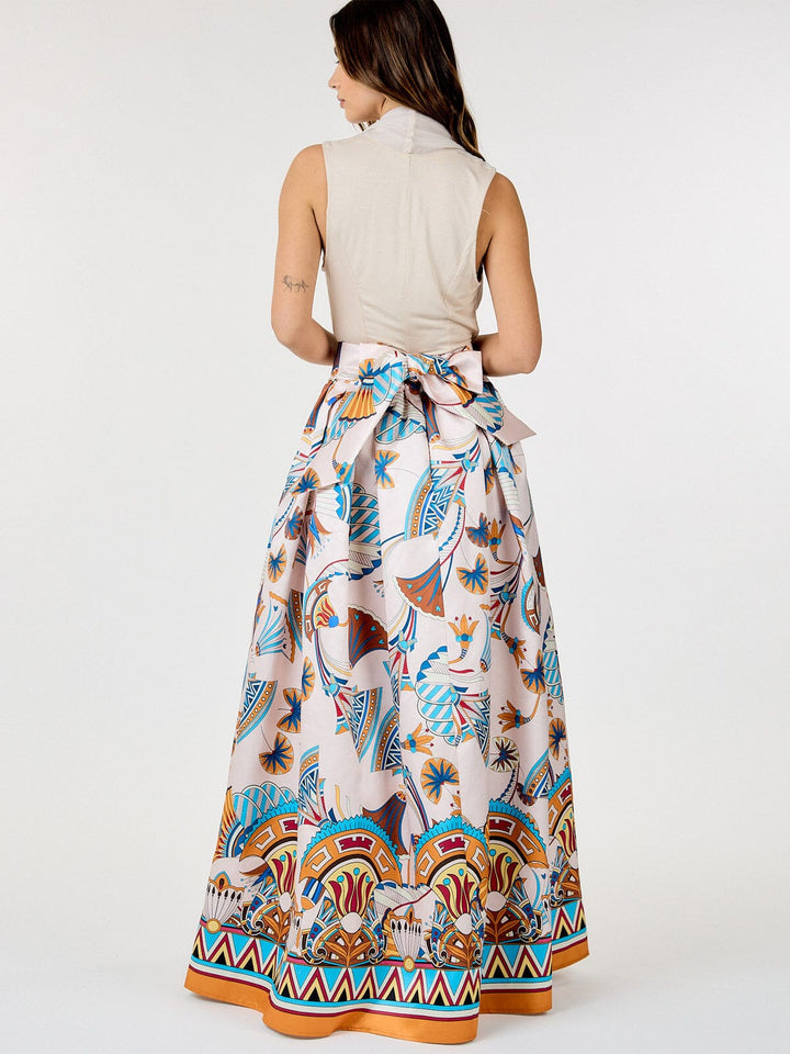 WOMEN'S ELASTIC WAIST SELF TIE MULTI PRINT MAXI SKIRT
