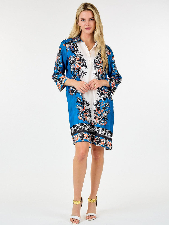 WOMEN'S 3/4 SLEEVE BUTTON UP FRONT POCKETS MULTI PRINT TUNIC MINI DRESS