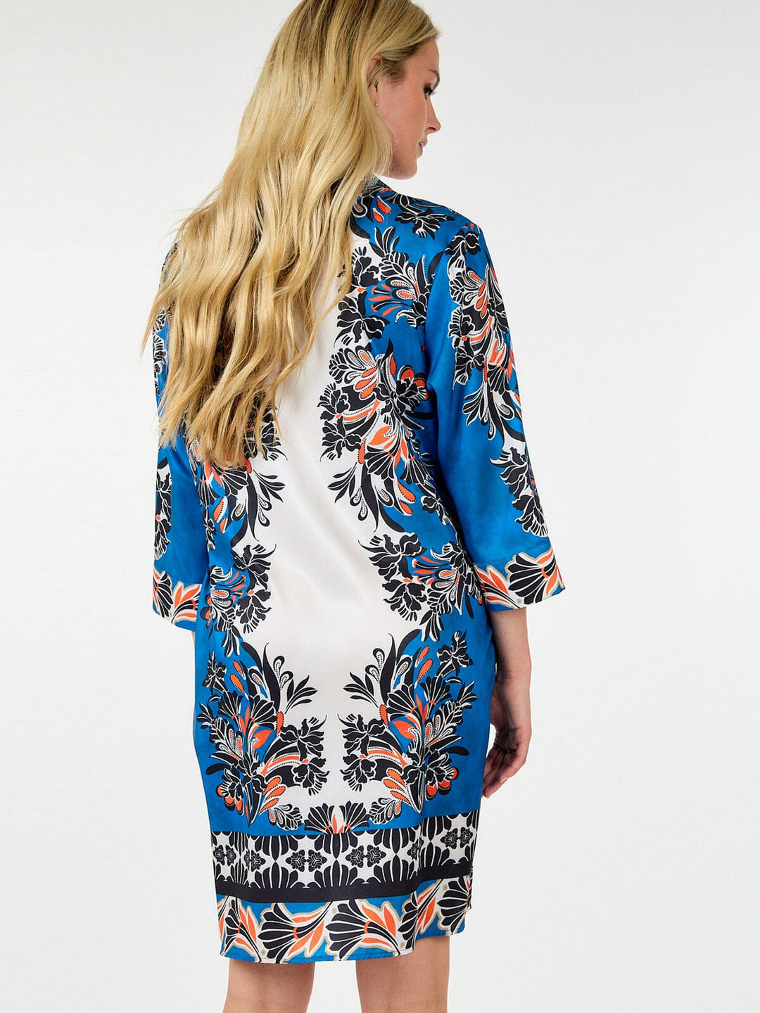 WOMEN'S 3/4 SLEEVE BUTTON UP FRONT POCKETS MULTI PRINT TUNIC MINI DRESS