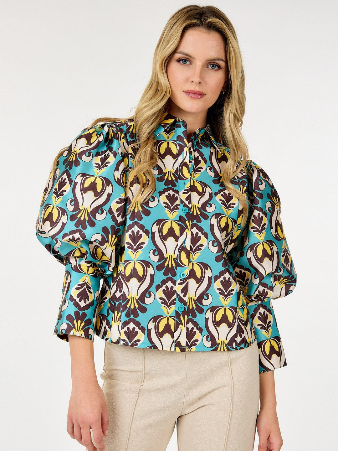 WOMEN'S LONG PUFF SLEEVE BUTTON UP MULTI PRINT BLOUSE