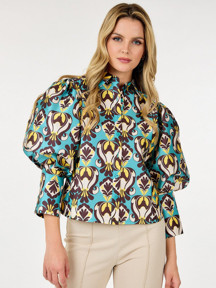 WOMEN'S LONG PUFF SLEEVE BUTTON UP MULTI PRINT BLOUSE