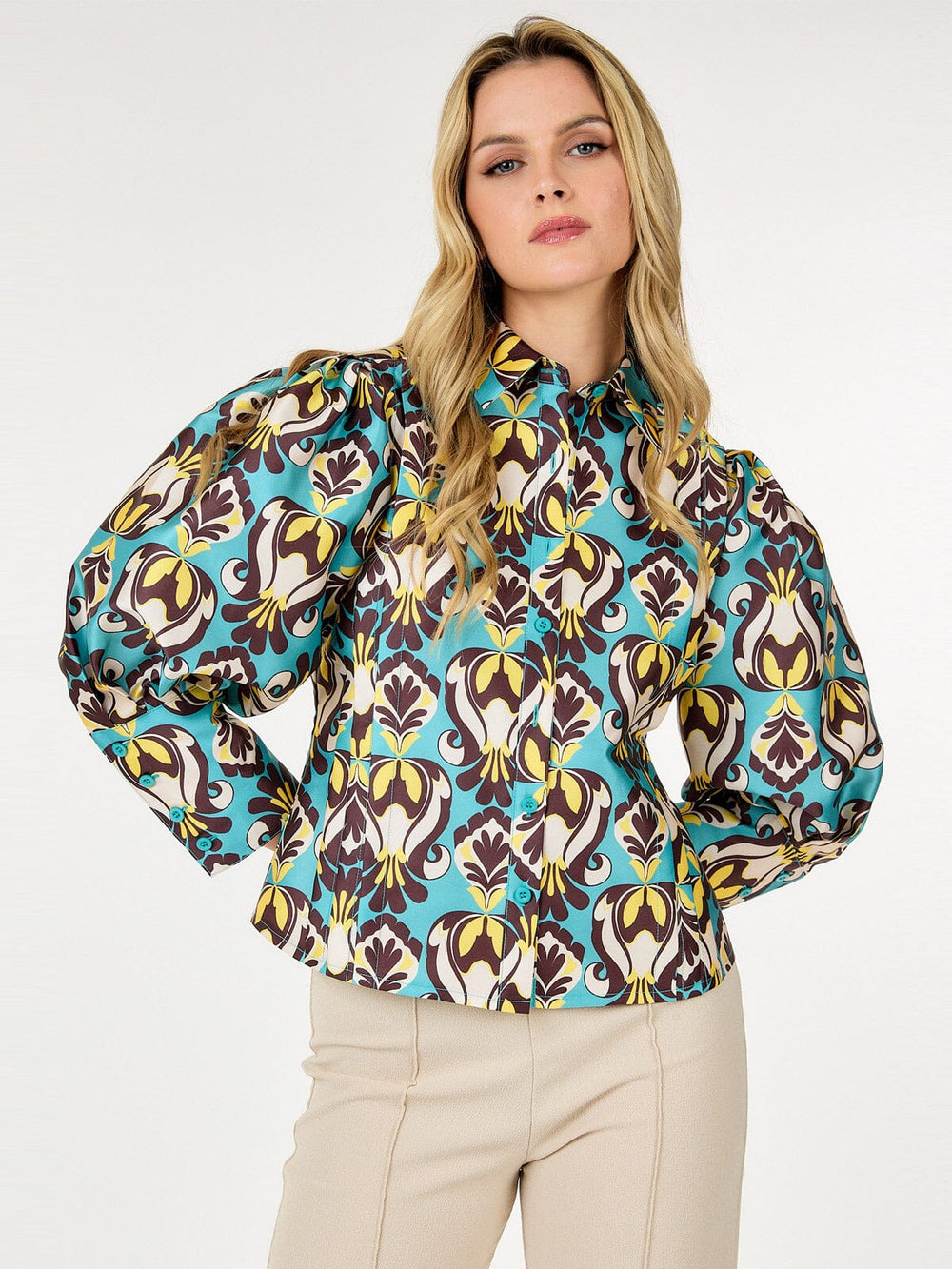 WOMEN'S LONG PUFF SLEEVE BUTTON UP MULTI PRINT BLOUSE