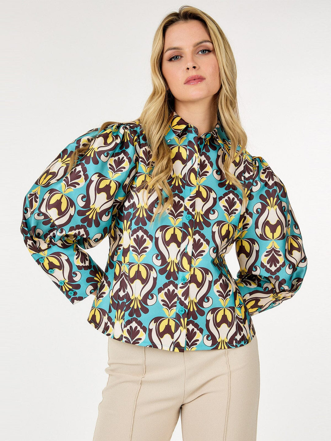 WOMEN'S LONG PUFF SLEEVE BUTTON UP MULTI PRINT BLOUSE
