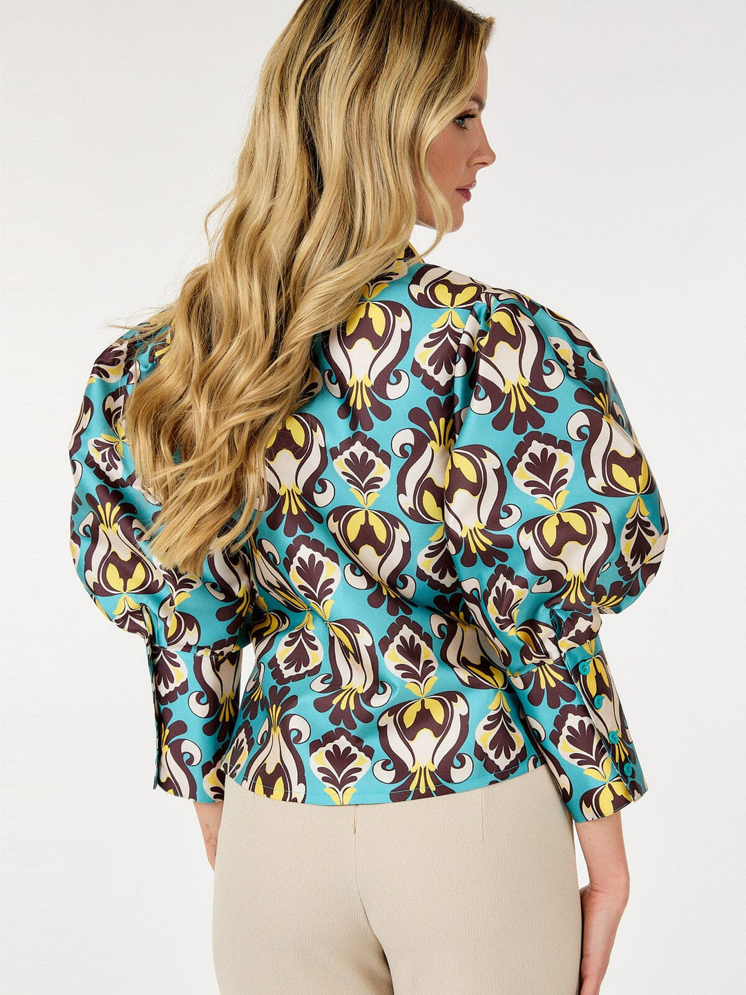 WOMEN'S LONG PUFF SLEEVE BUTTON UP MULTI PRINT BLOUSE