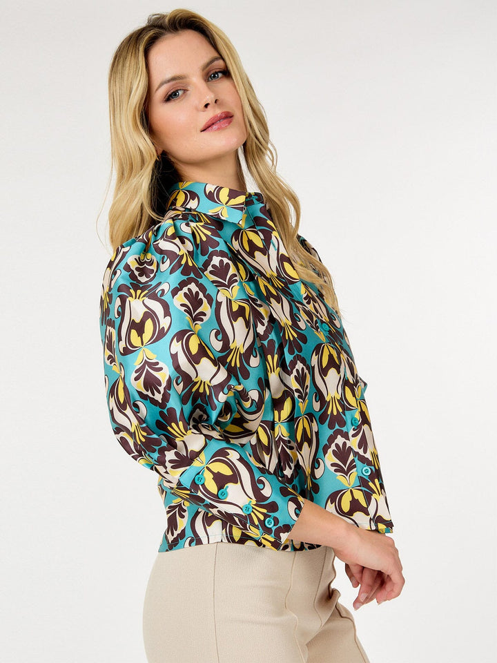 WOMEN'S LONG PUFF SLEEVE BUTTON UP MULTI PRINT BLOUSE