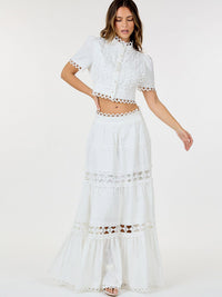 WOMEN'S SHORT SLEEVE CROP TOP & ZIP UP SKIRT EYELET DETAILED 2PC. SET