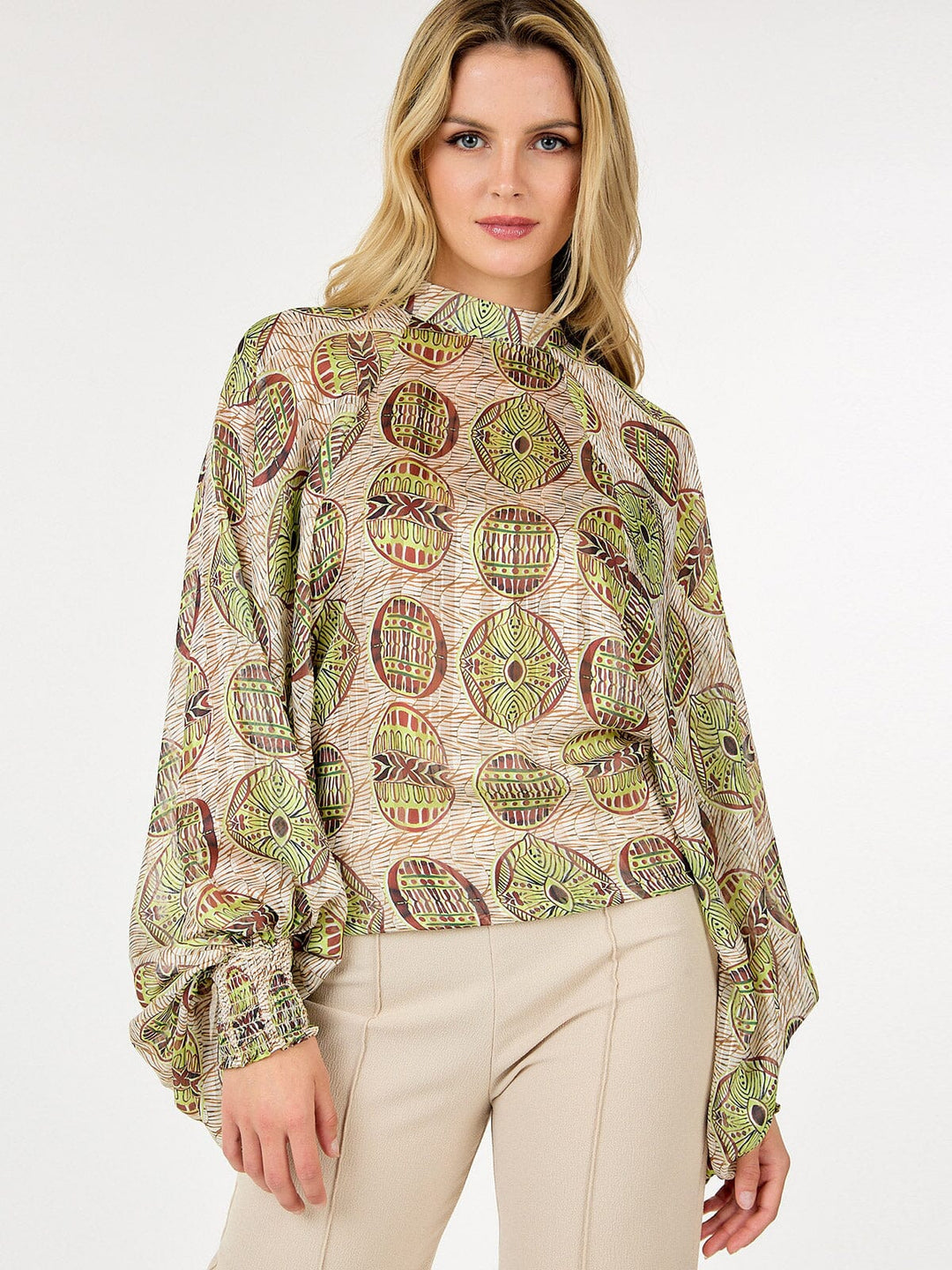 WOMEN'S LONG BALLON SLEEVE MULTI PRINT BLOUSE