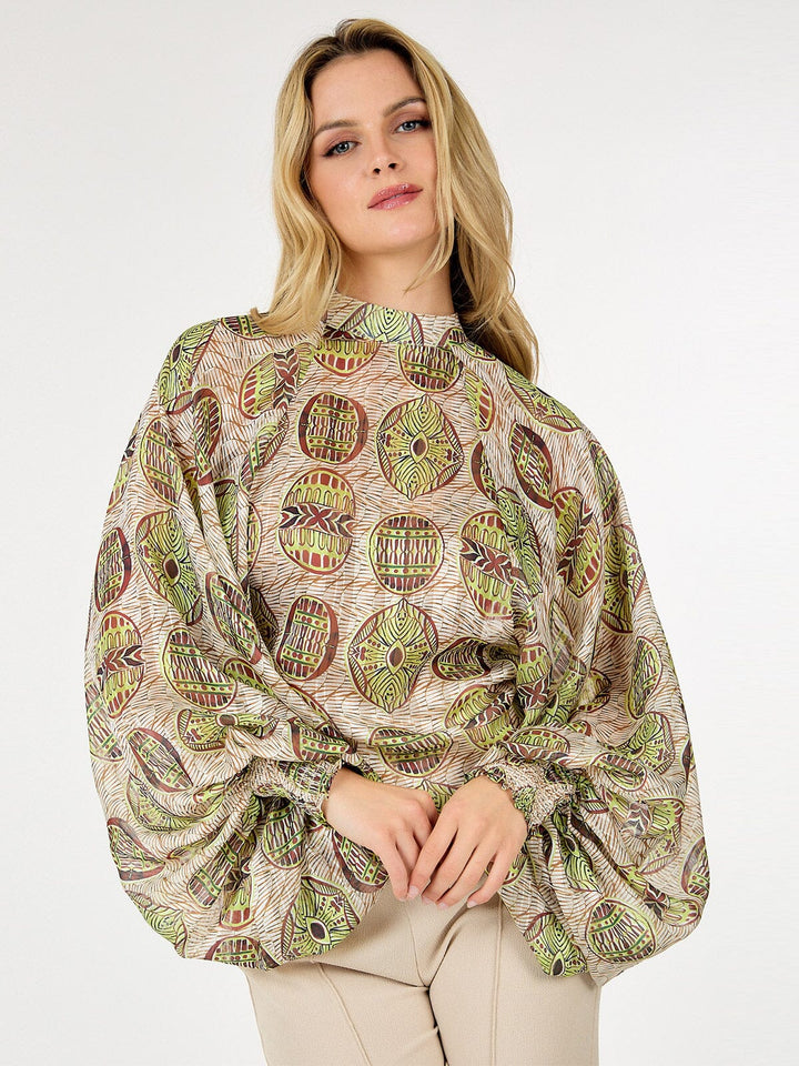 WOMEN'S LONG BALLON SLEEVE MULTI PRINT BLOUSE