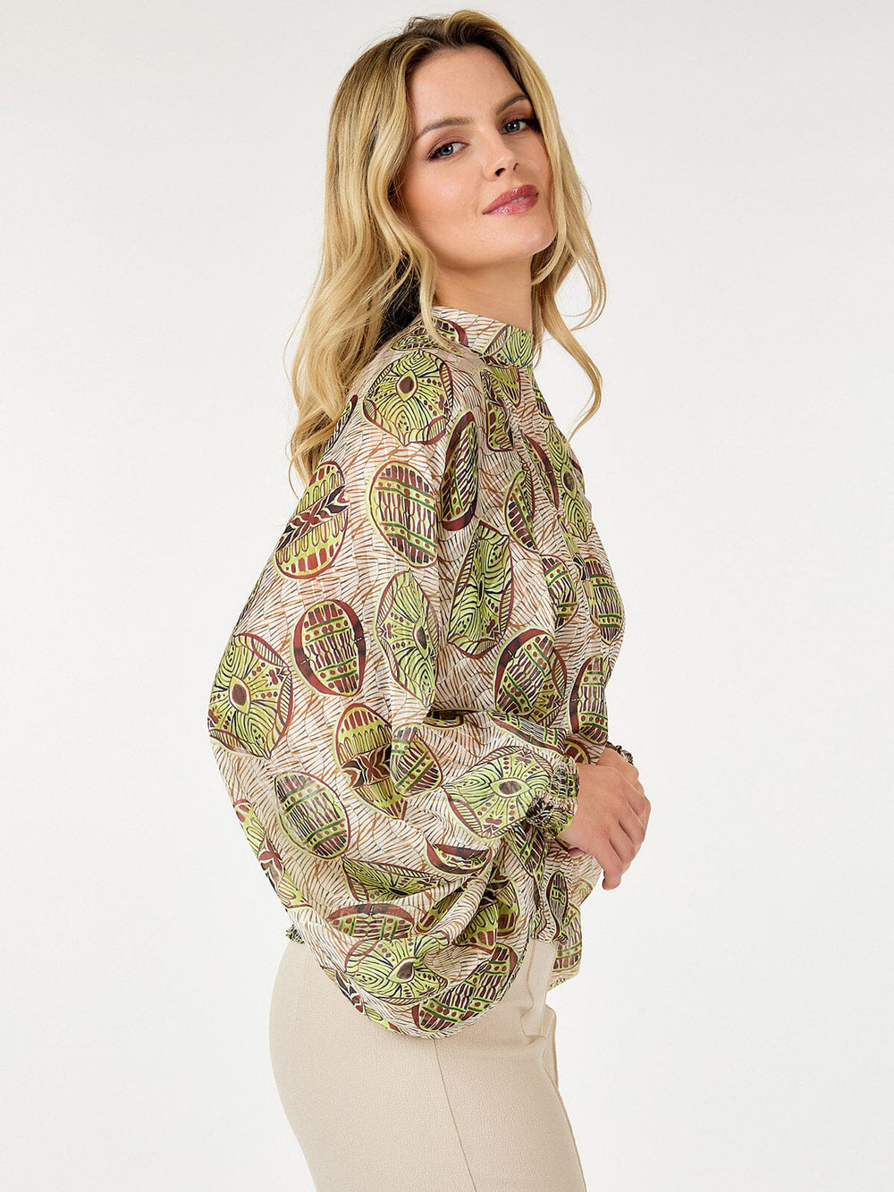 WOMEN'S LONG BALLON SLEEVE MULTI PRINT BLOUSE