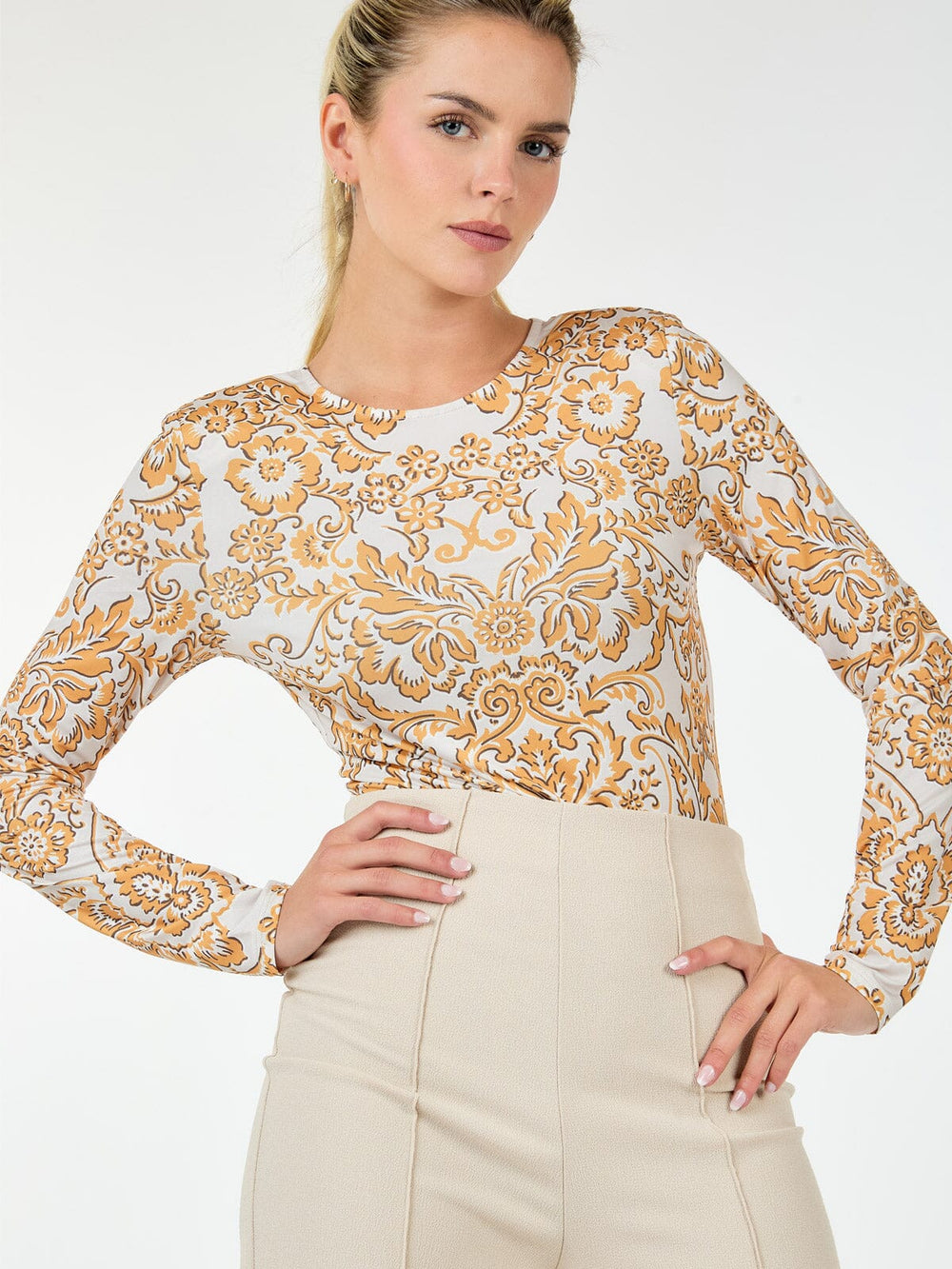 WOMEN'S LONG SLEEVE FLORAL PRINT BODYSUIT