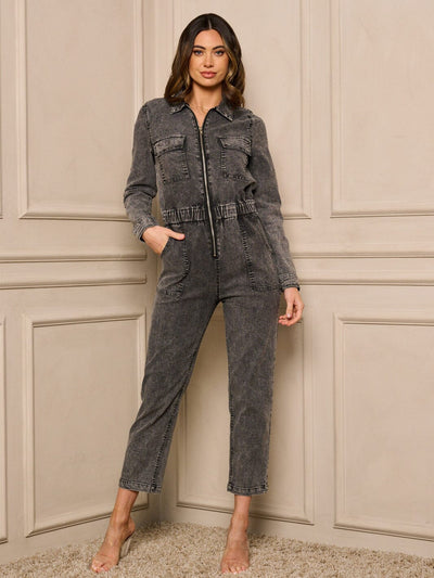 WOMEN'S LONG SLEEVE ZIP UP FRONT POCKETS WASHED JUMPSUIT