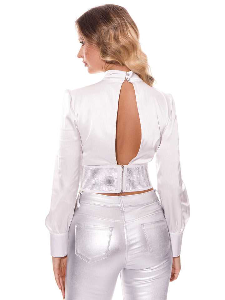 WOMEN'S LONG SLEEVE V-NECK OPEN BACK BLOUSE CROP TOP