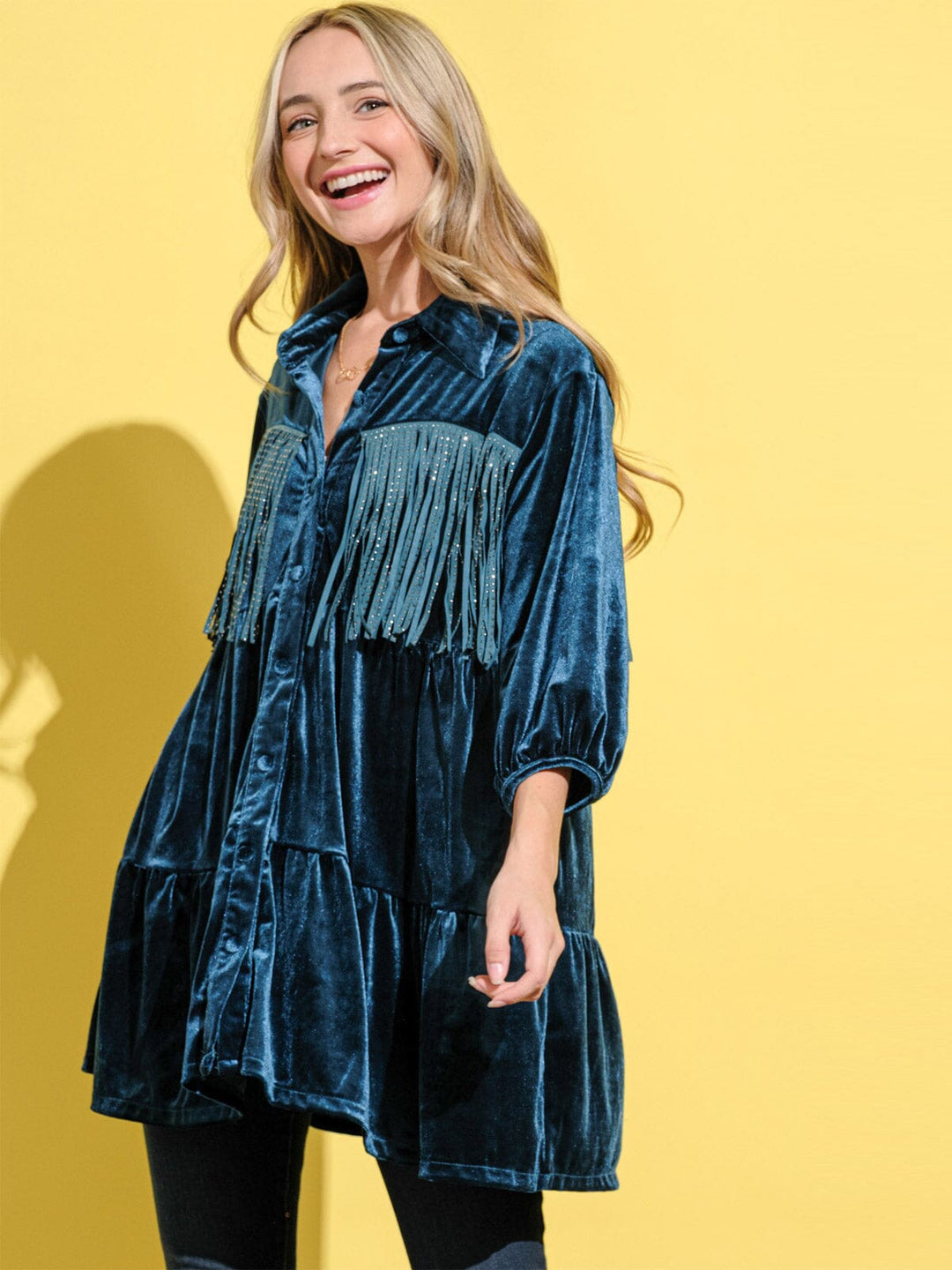 WOMEN'S 3/4 SLEEVE BUTTON UP FRINGE TIERED VELVET TUNIC TOP