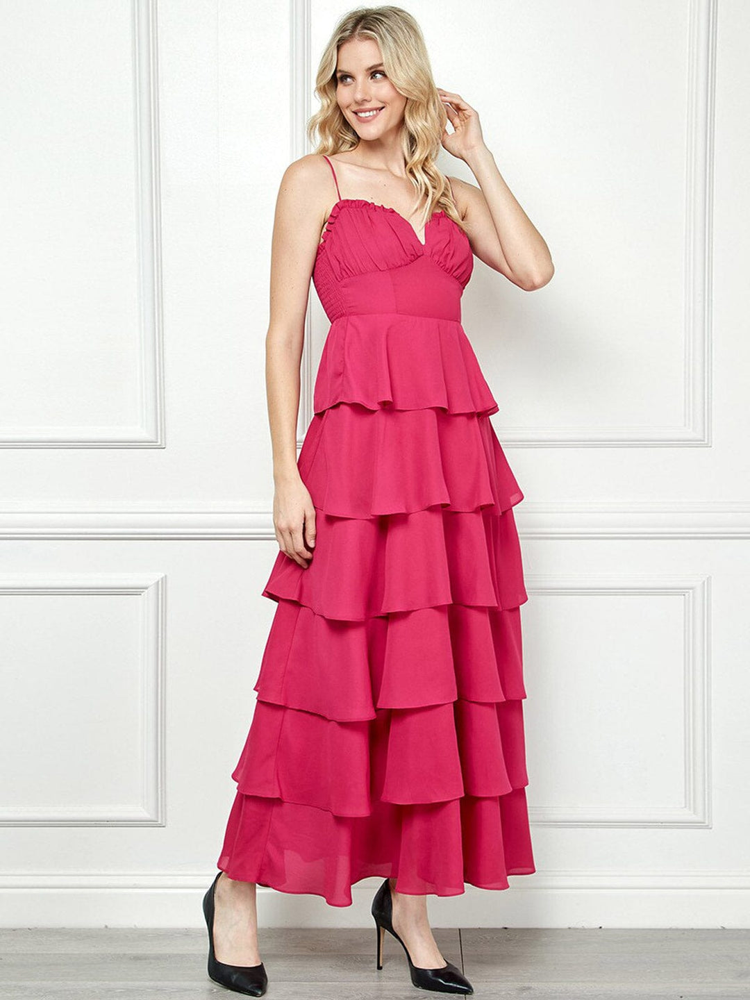 WOMEN'S SLEEVELESS V-NECK RUFFLE TIERED MAXI DRESS