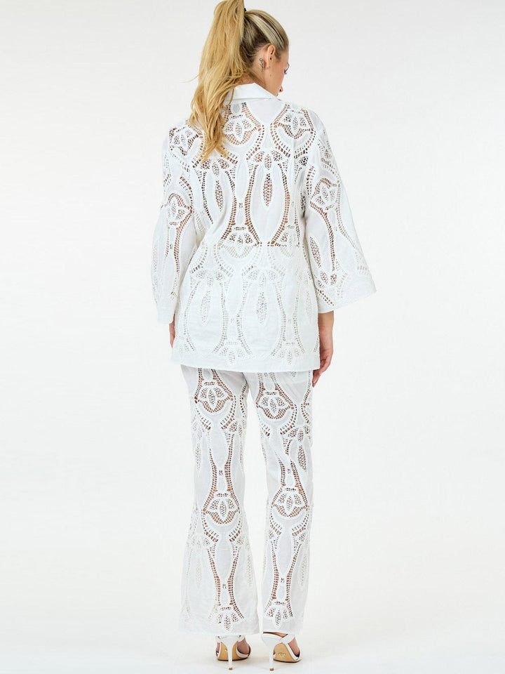 WOMEN'S LONG SLEEVE BLOUSE & WIDE LEG EYELET DETAILED 2PC. SET