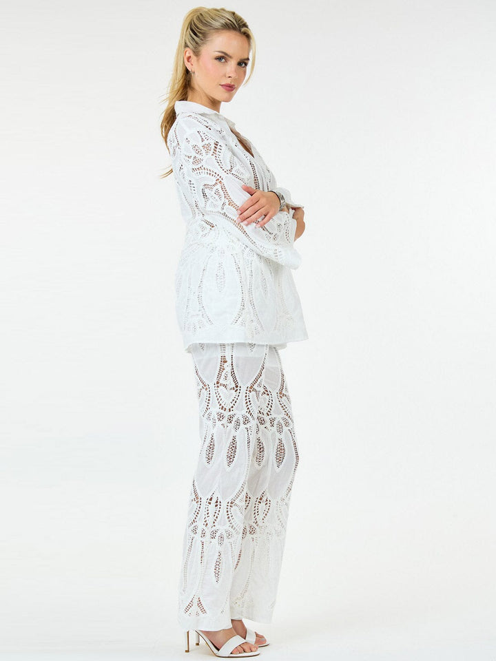 WOMEN'S LONG SLEEVE BLOUSE & WIDE LEG EYELET DETAILED 2PC. SET