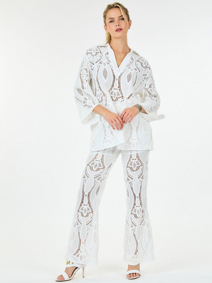 WOMEN'S LONG SLEEVE BLOUSE & WIDE LEG EYELET DETAILED 2PC. SET