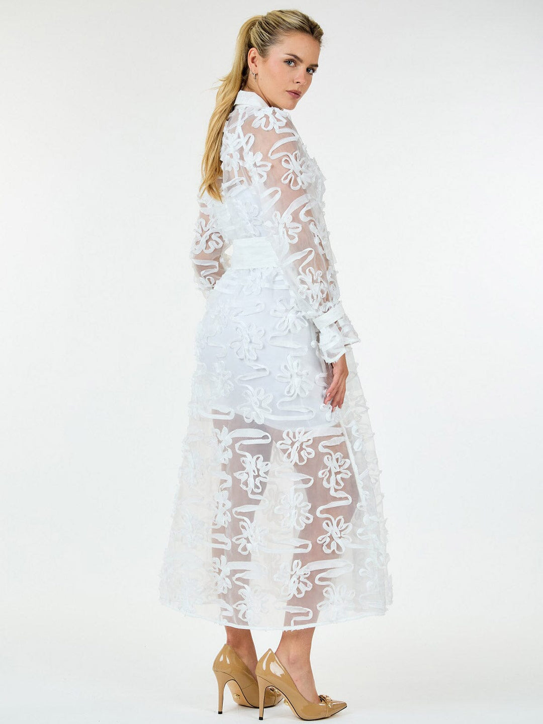 WOMEN'S LONG SLEEVE BUTTON UP SELF TIE DETAILED MAXI DRESS