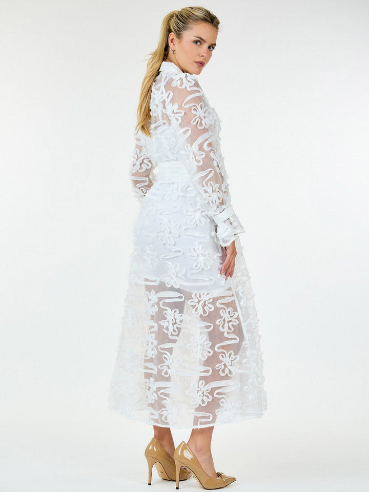 WOMEN'S LONG SLEEVE BUTTON UP SELF TIE DETAILED MAXI DRESS