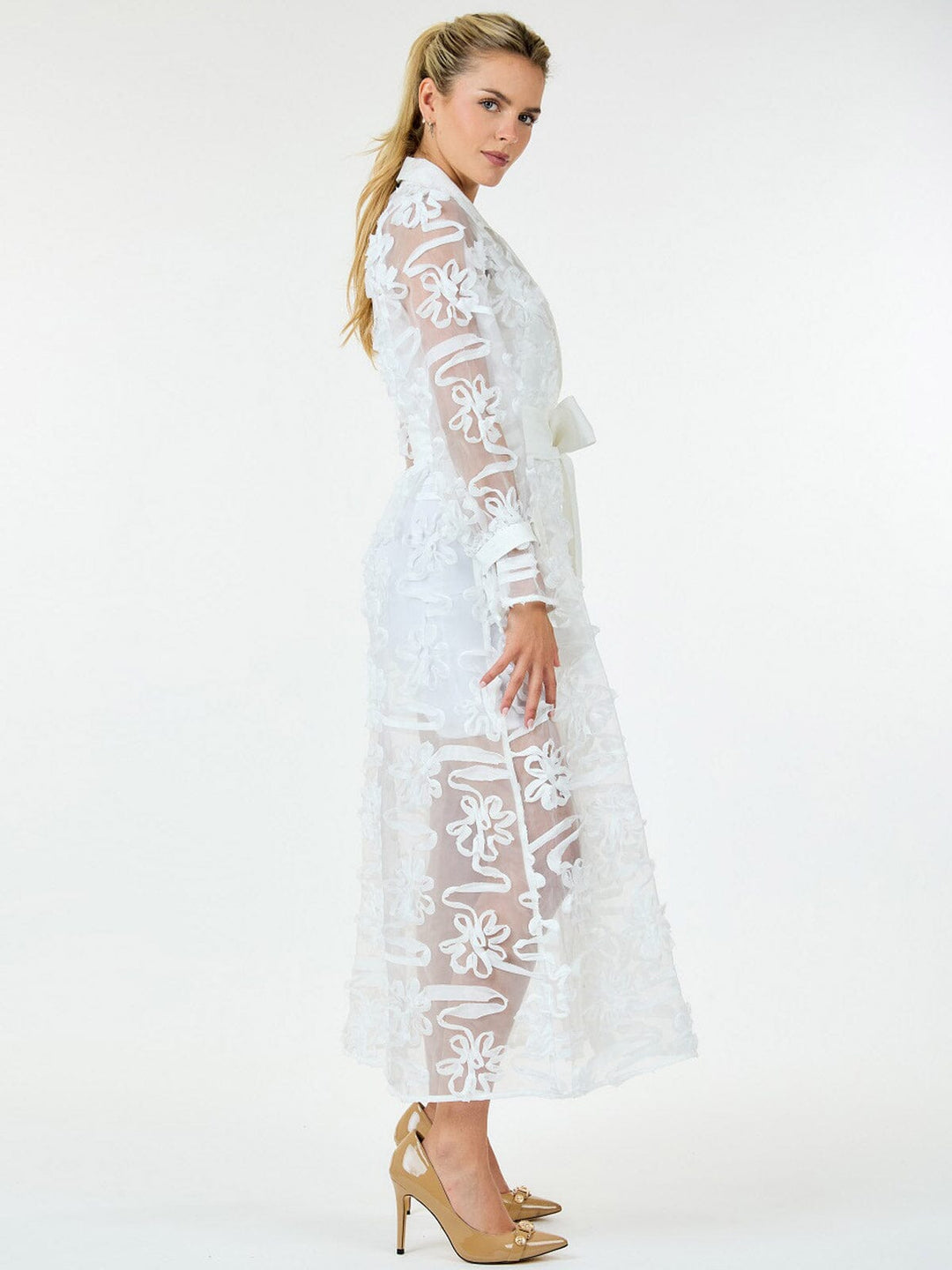 WOMEN'S LONG SLEEVE BUTTON UP SELF TIE DETAILED MAXI DRESS