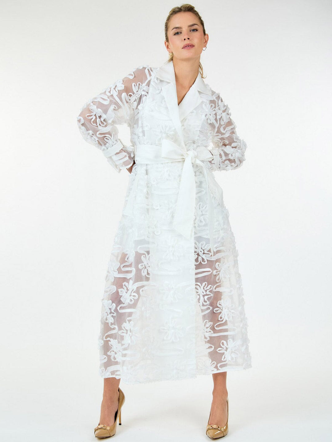 WOMEN'S LONG SLEEVE BUTTON UP SELF TIE DETAILED MAXI DRESS