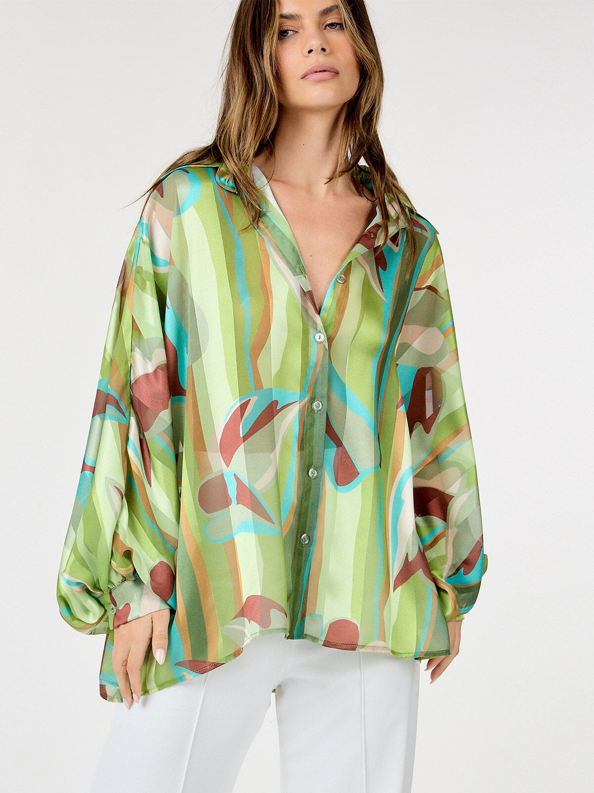 WOMEN'S LONG SLEEVE BUTTON UP MULTI PRINT BLOUSE
