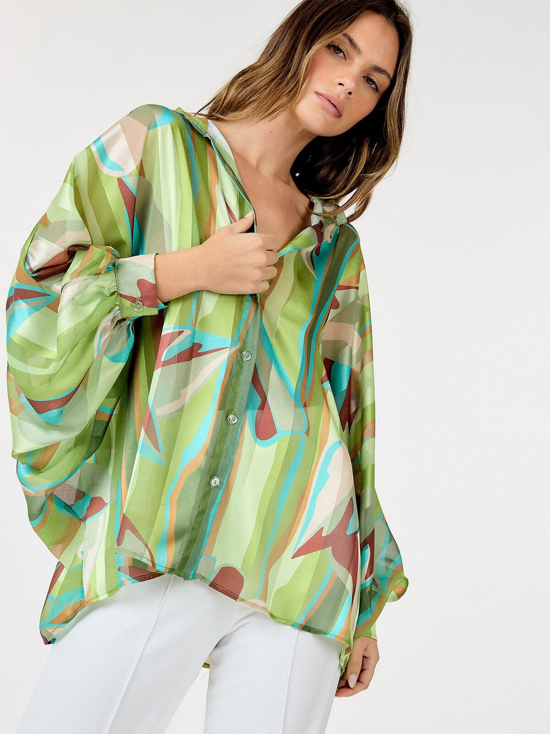 WOMEN'S LONG SLEEVE BUTTON UP MULTI PRINT BLOUSE