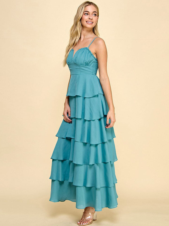 WOMEN'S SLEEVELESS V-NECK RUFFLE TIERED MAXI DRESS