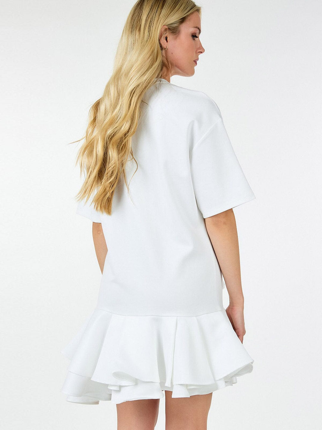 WOMEN'S SHORT SLEEVE RUFFLE BOTTOM HEM STUDS DETAILED MINI DRESS