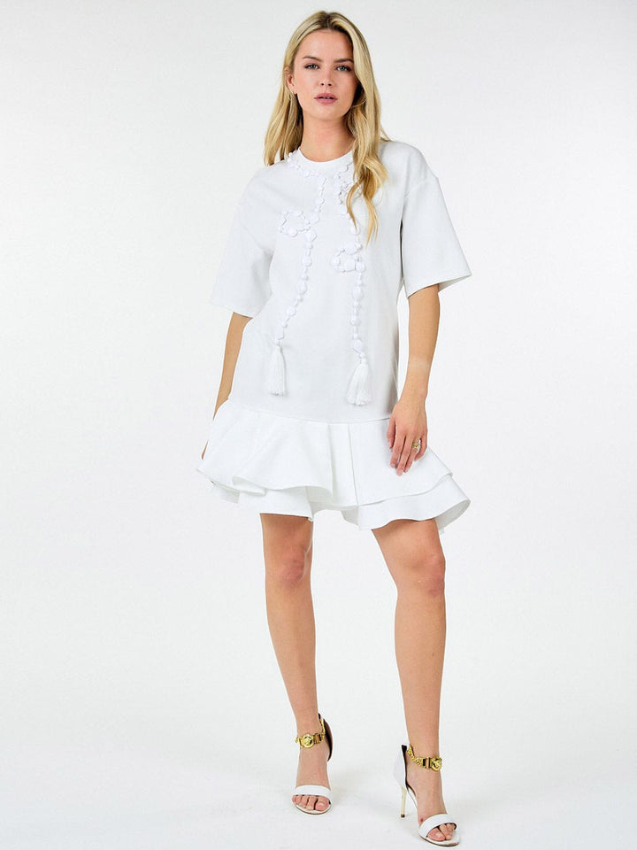 WOMEN'S SHORT SLEEVE RUFFLE BOTTOM HEM STUDS DETAILED MINI DRESS