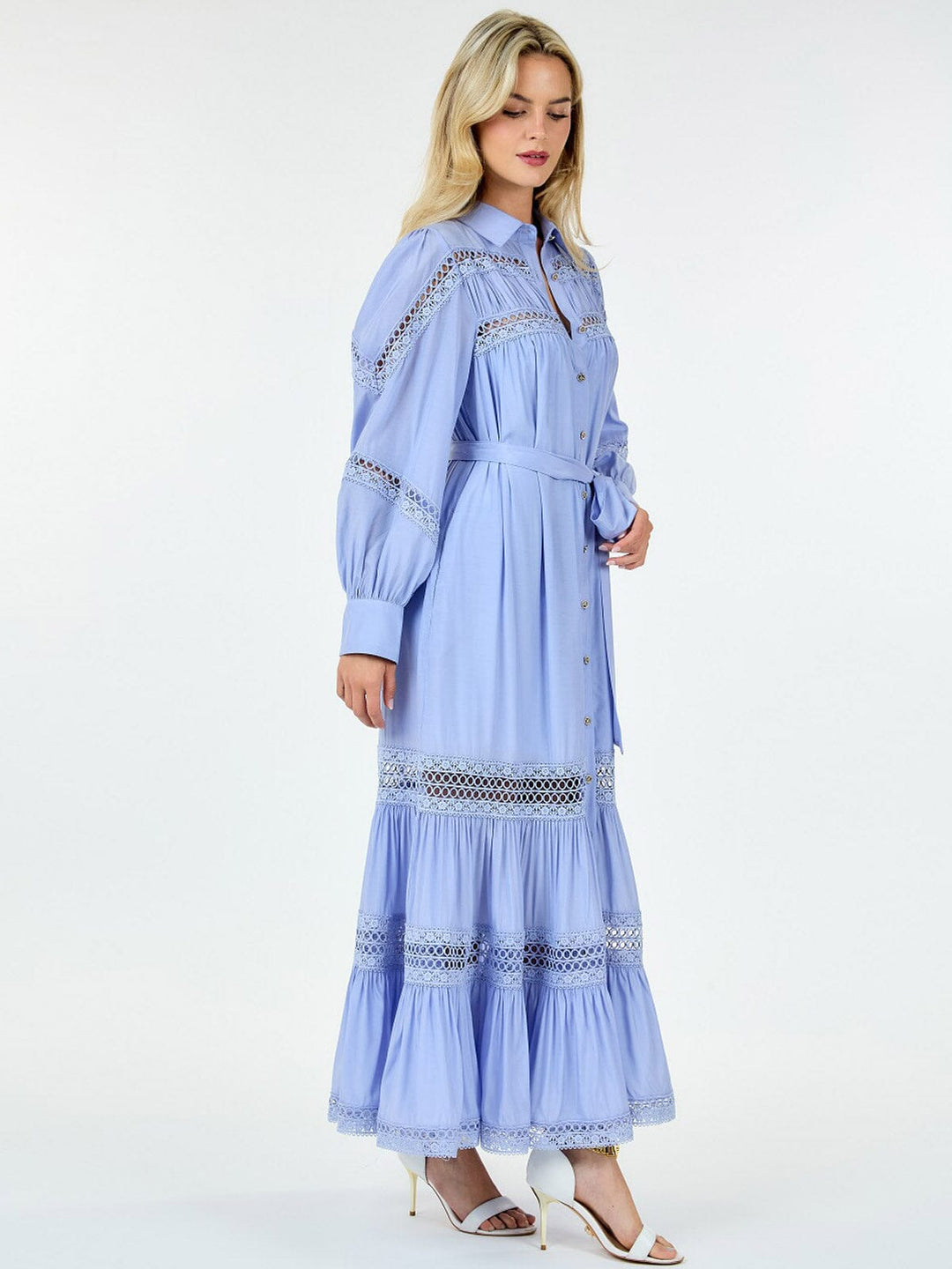 WOMEN'S LONG SLEEVE BUTTON UP SELF TIE EYELET DETAILED MAXI DRESS