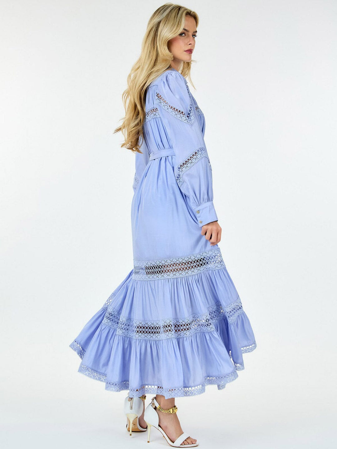 WOMEN'S LONG SLEEVE BUTTON UP SELF TIE EYELET DETAILED MAXI DRESS