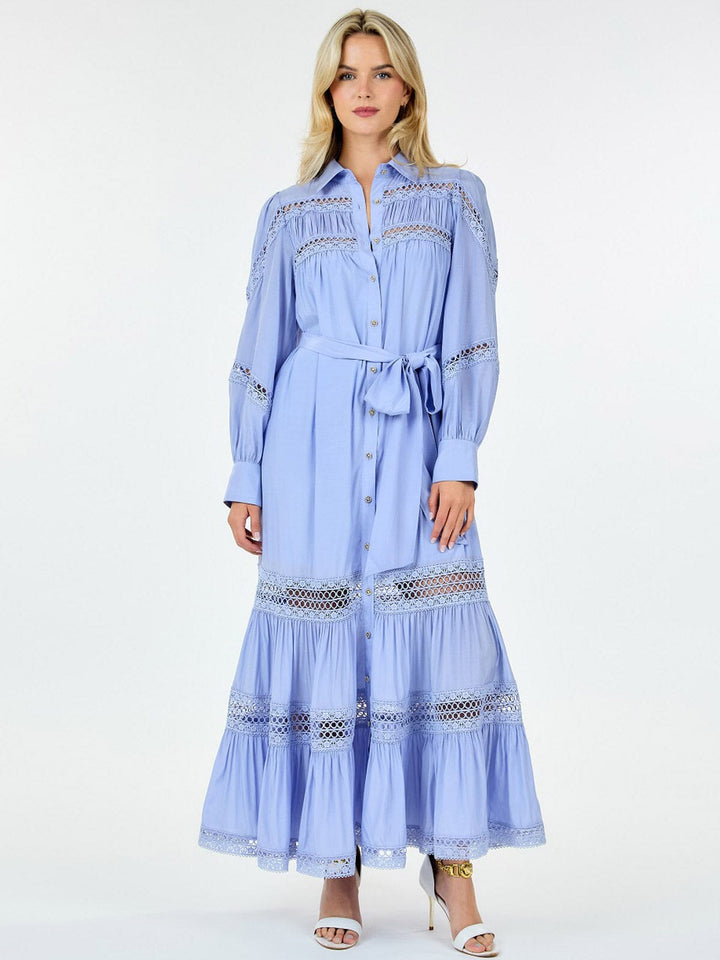 WOMEN'S LONG SLEEVE BUTTON UP SELF TIE EYELET DETAILED MAXI DRESS