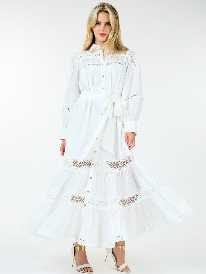 WOMEN'S LONG SLEEVE BUTTON UP SELF TIE EYELET DETAILED MAXI DRESS