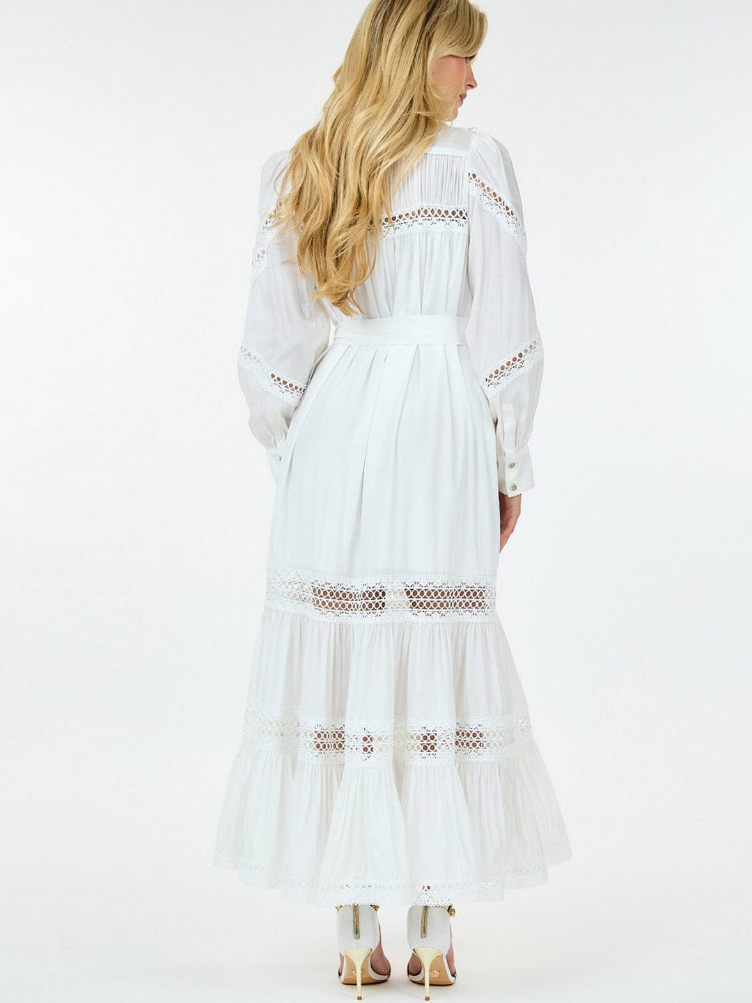 WOMEN'S LONG SLEEVE BUTTON UP SELF TIE EYELET DETAILED MAXI DRESS