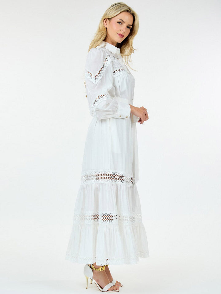 WOMEN'S LONG SLEEVE BUTTON UP SELF TIE EYELET DETAILED MAXI DRESS