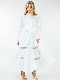 WOMEN'S LONG SLEEVE BUTTON UP SELF TIE EYELET DETAILED MAXI DRESS