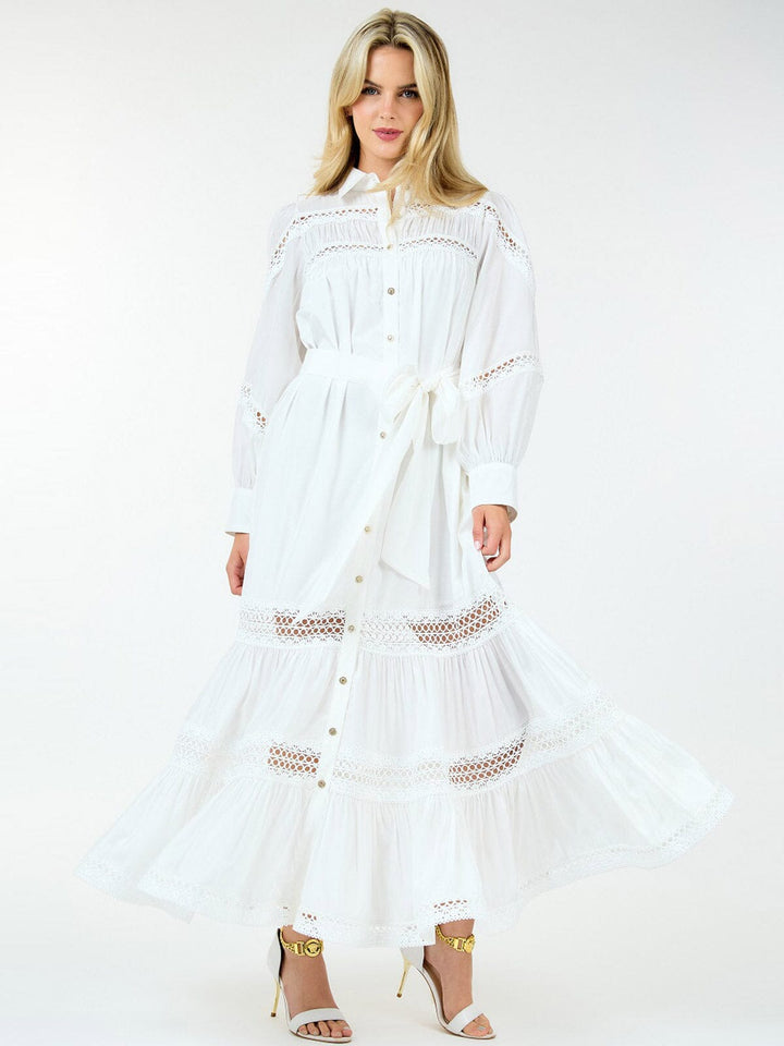 WOMEN'S LONG SLEEVE BUTTON UP SELF TIE EYELET DETAILED MAXI DRESS