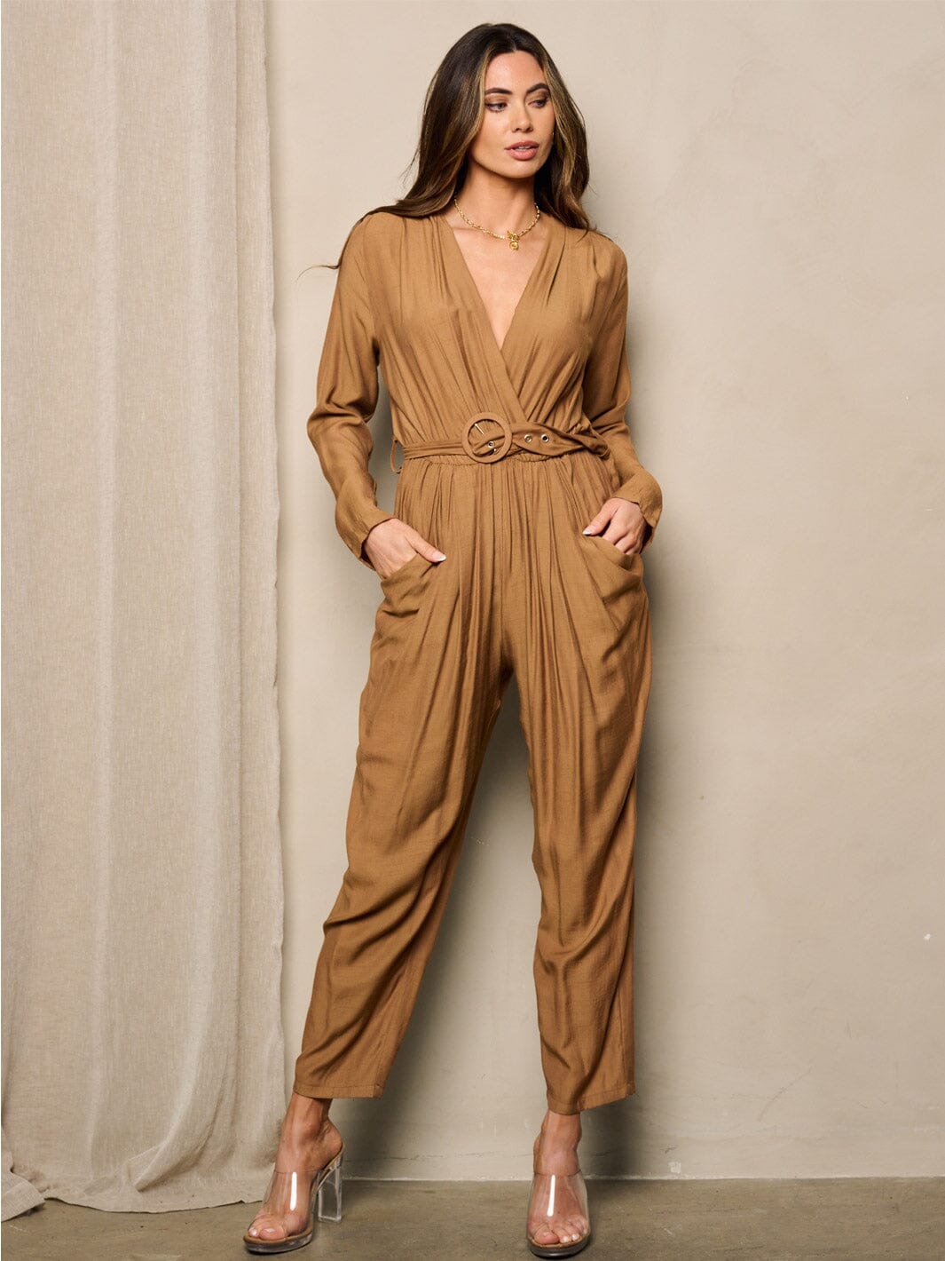 WOMEN'S LONG SLEEVE V-NECK SURPLICE POCKETS JUMPSUIT