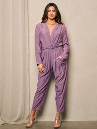 WOMEN'S LONG SLEEVE V-NECK SURPLICE POCKETS JUMPSUIT